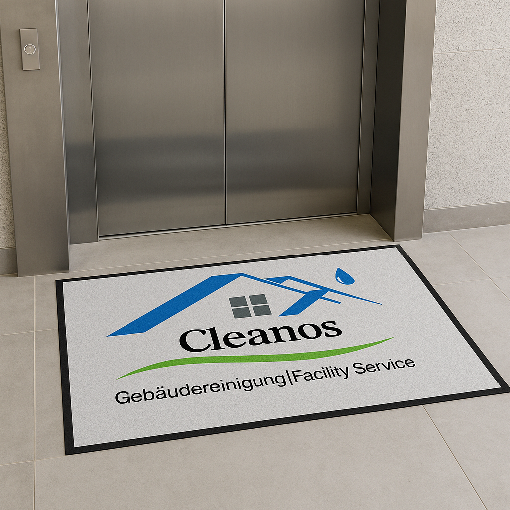 Weiße Cleanos-Fußmatte mit Logo vor einem Fahrstuhl im Gebäude.