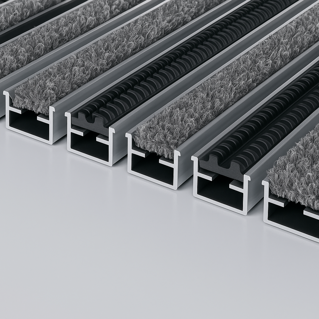 Nahaufnahme von Aluminiumprofilen für Eingangsmatten. Die Profile sind mit abwechselnd grauen Bürststreifen und schwarzen Gummistreifen ausgestattet