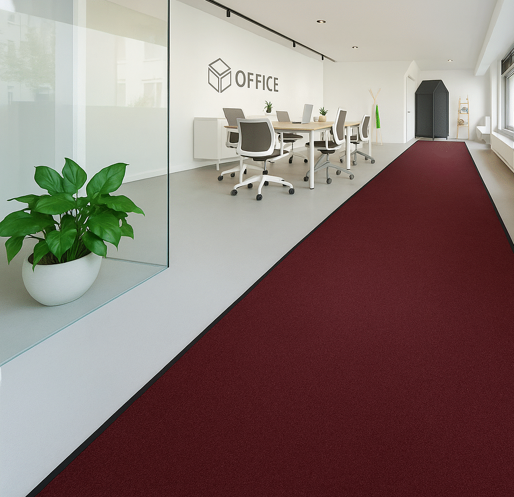 Moderner Büroraum mit großem Konferenztisch und weißen Stühlen. Ein langer, roter Teppichläufer führt durch den Raum.