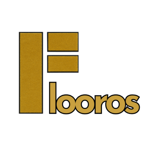 Logo der Marke Flooros: Ein stilisiertes goldenes "F" Symbol links und daneben der Schriftzug "flooros" in goldener Schrift auf schwarzem Hintergrund.